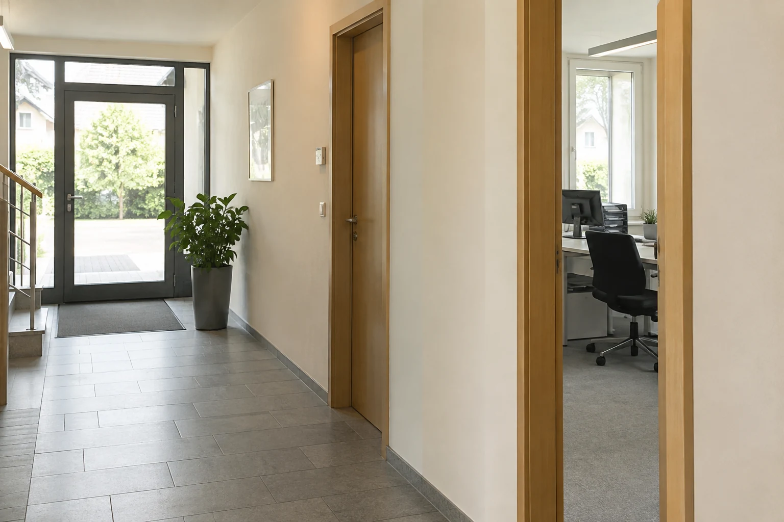 Gepflegter Eingangsbereich mit angrenzendem Büro